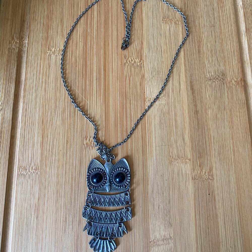 Whimsical Owl Pendant Necklace – Silver Tone Costume Jewelry – Unique Statement